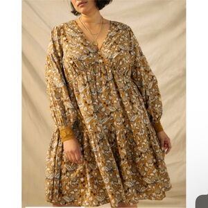 Let Me Be Jemma Tunic Dress crochet cuff Brown floral sz 16 W
